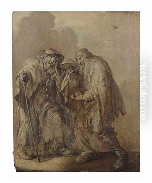 An Elderly Beggars' Couple Holding An Empty Bowl Upturned; 'en Brunaille' Oil Painting by Adriaen Pietersz van de Venne