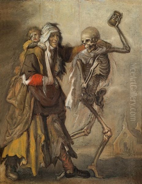 Eine Bettlerin Mit Kind Neben Dem Tod, Der Ein Stundenglas In Der Hand Halt by Adriaen Pietersz van de Venne