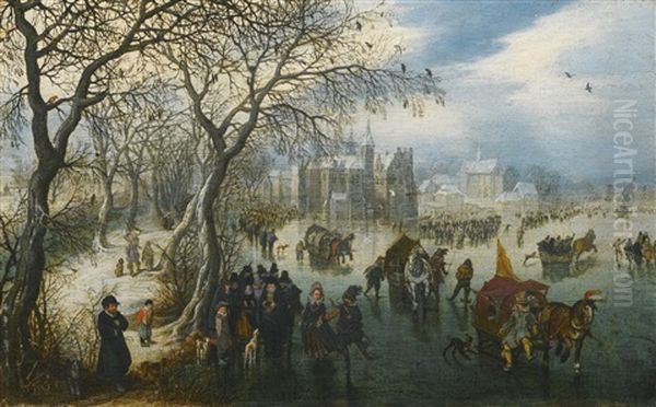 Winter Landscape With Elegant Figures On The Ice Before A Town Oil Painting by Adriaen Pietersz van de Venne