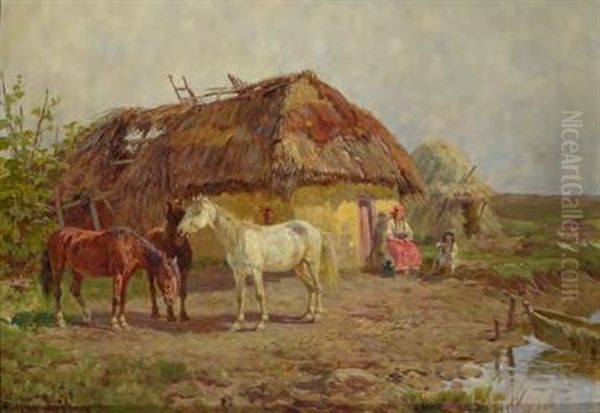 Gehoft In Der Puszta Mit Pferden Oil Painting by Fritz Ritter von Venne