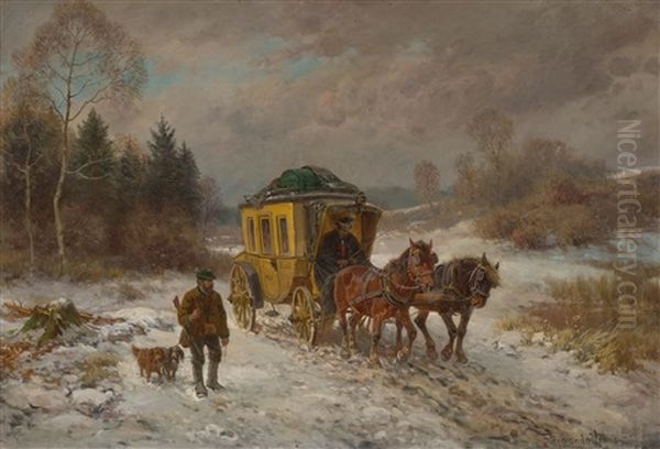 Stage Coach And Hunter In The Snow Oil Painting by Fritz Ritter von Venne