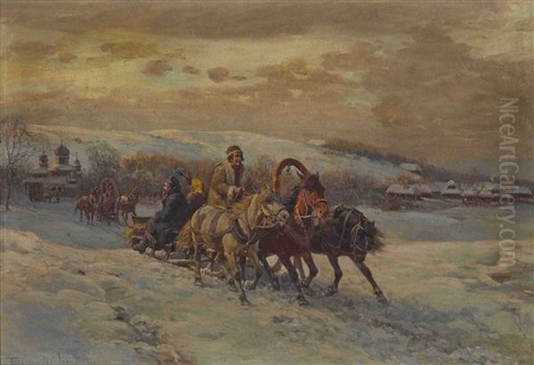 Troika In Russischer Winterlandschaft Oil Painting by Fritz Ritter von Venne