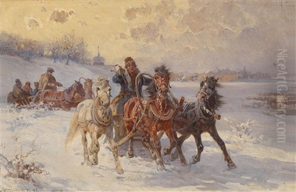 Trojka Am Heimweg Oil Painting by Fritz Ritter von Venne