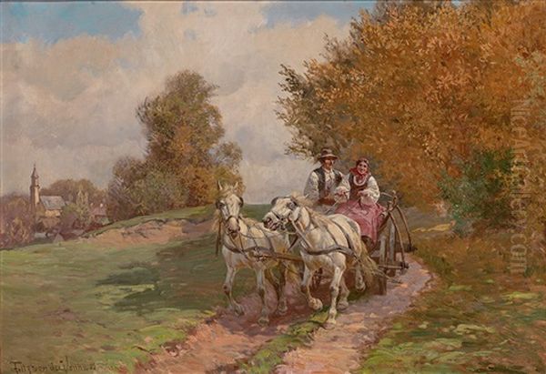 Kutschenfahrt In Fruhherbstlicher Landschaft Oil Painting by Fritz Ritter von Venne