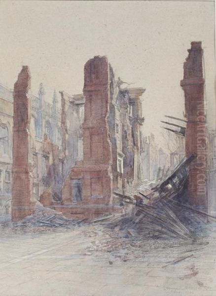 Bomb Damage, Tanfield Court Leading To Brick Court Oil Painting by Henry Charles Brewer