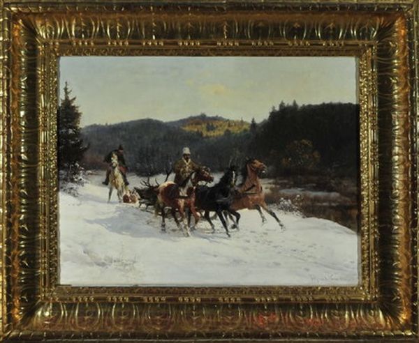 Troika In Russischer Winterlandschaft Mit Jagern, Hundemeute Und Erlegtem Hirsch Im Schlitten Oil Painting by Fritz Ritter von Venne