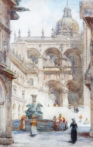 The Southern Fa ade Of The Santiago De Compostela Cathedral, Spain Oil Painting by Henry Charles Brewer