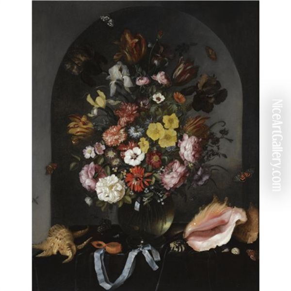 Still Life Of Roses, Tulips, Irises And Other Flowers In A Glass Vase, With Butterflies, Sea Shells And A Pocket Watch, All Arranged In A Stone Niche Oil Painting by Pieter Adriaens van de Venne