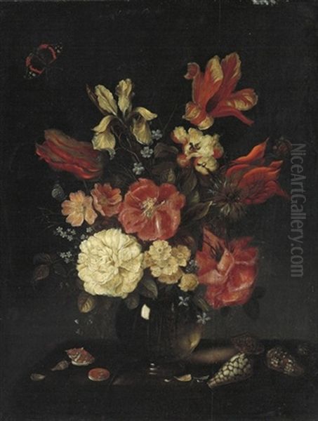 Roses, Tulips, An Iris, Forget-me-nots And Other Flowers In A Vase, With Shells On A Table And A Red Admiral Oil Painting by Pieter Adriaens van de Venne