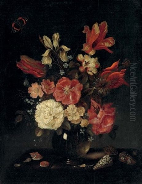 Roses, Tulips, An Iris, Forget-me-nots And Other Flowers In A Vase, With Shells On A Table And A Red Admiral Oil Painting by Pieter Adriaens van de Venne