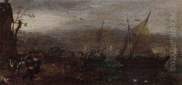 A River Landscape With Shipping With Figures On A Shore Near An Inn Oil Painting by Pieter Adriaens van de Venne