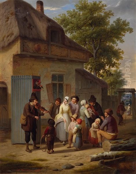 Street Scene With Musician And Puppeteer Oil Painting by Charles (Karel Ferdinand) Venneman