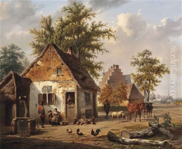 A Village Street With Cattle Oil Painting by Charles (Karel Ferdinand) Venneman