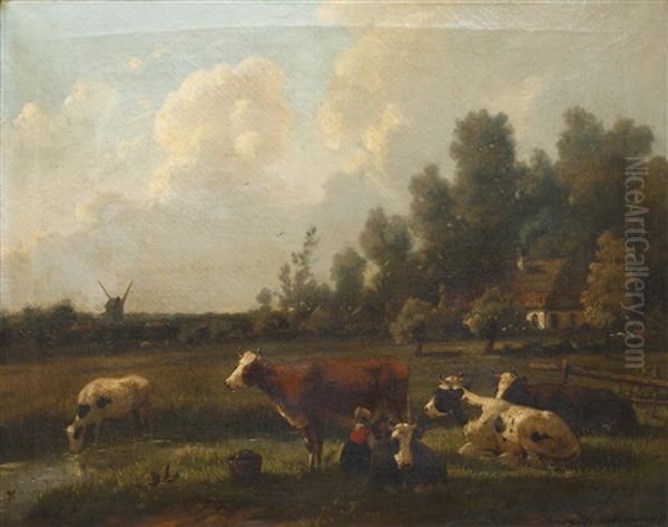 Cattle Watering In A Pastoral Landscape Oil Painting by Rosa Venneman