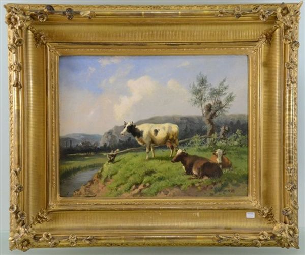 Vaches Au Paturage Le Long Du Canal Oil Painting by Rosa Venneman