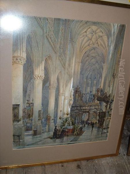 A Cathedralinterior Oil Painting by Henry William Brewer