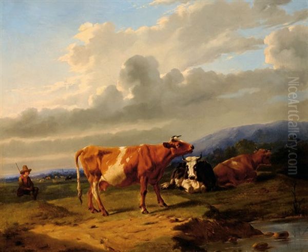 Shepherd With His Cows On The Waterside In A Mountainous Landscape Oil Painting by Rosa Venneman