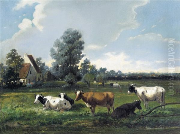 Landschap Met Koeien Oil Painting by Rosa Venneman