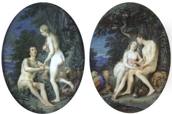 Adam And Eve In The Garden Of Eden, With Adam Holding Eve's Hand (+ Eve Giving Adam The Apple With A Serpent In The Apple Tree; Pair) Oil Painting by Nicolas Vennevault