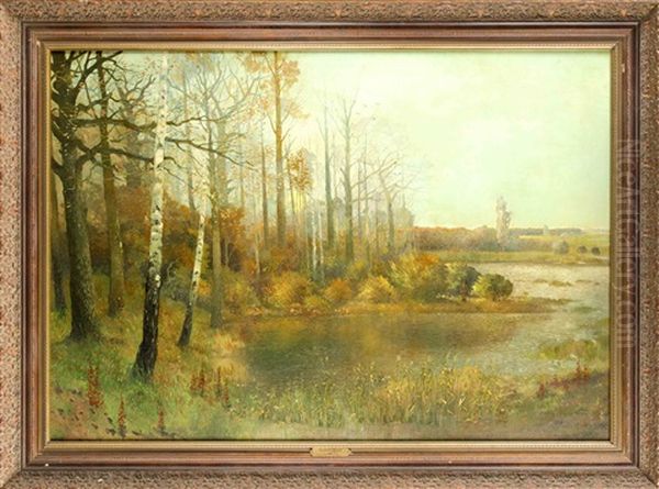 Grose Landschaft Mit Birkenbestandenem Weiher Und Zwei Jagern Bei Sonnenaufgang Oil Painting by Rudolf Vent