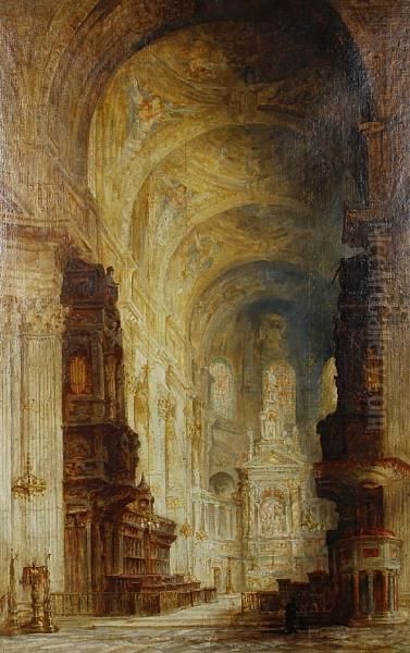 A Cathedral Interior Oil Painting by James Alphege Brewer