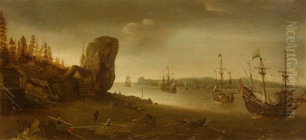 Coastal Landscape With Figures And Sailing Ships Oil Painting by Cornelis Verbeeck