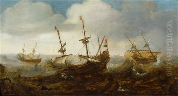 Ships On A Stormy Sea Oil Painting by Cornelis Verbeeck