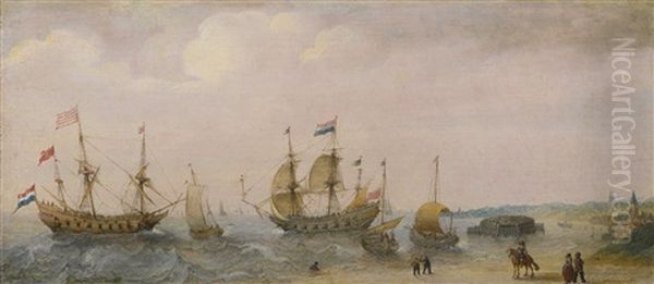 Coastal Scene With War Ships And Fishing Vessels, With Figures On The Shore Oil Painting by Cornelis Verbeeck