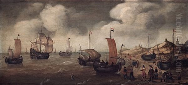 Dutch Merchants And Ship By The Coast Oil Painting by Cornelis Verbeeck