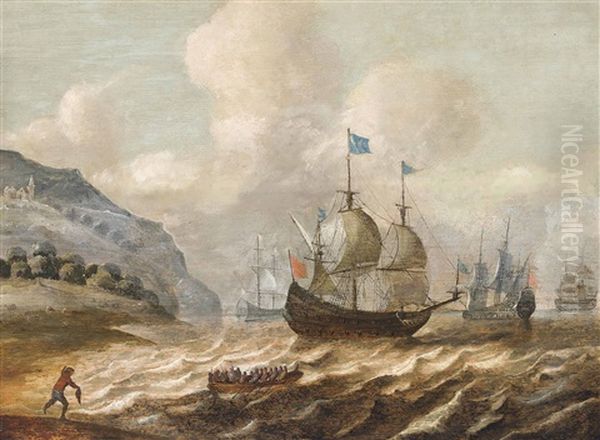 Men-o'war Off A Rocky Headland Oil Painting by Cornelis Verbeeck