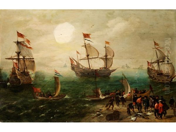 Marinestuck Mit Drei Grossen Segelschiffen Oil Painting by Cornelis Verbeeck