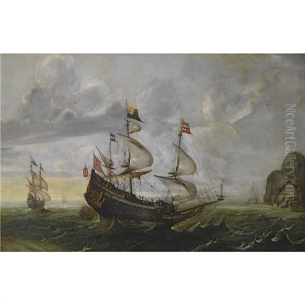 A Man-of-war And Other Shipping In Choppy Seas Along A Rocky Coast Oil Painting by Cornelis Verbeeck