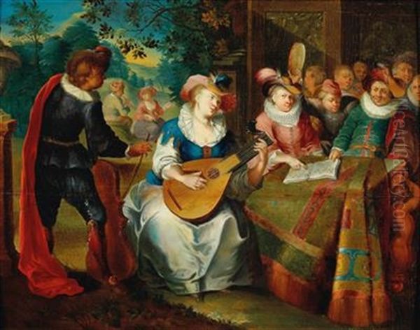 An Elegant Dinner; And A Music Making Company On A Terrace Oil Painting by Francois Xavier Henri Verbeeck