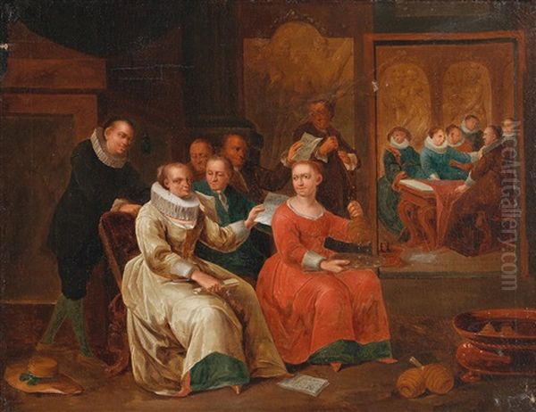 A Music-making Party With A Beehive Oil Painting by Francois Xavier Henri Verbeeck