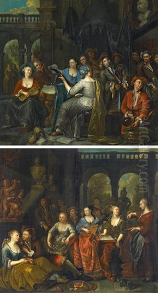 Zwei Gemalde. Musizierende Gesellschaft Im Hof Eines Renaissancepalastes Oil Painting by Francois Xavier Henri Verbeeck