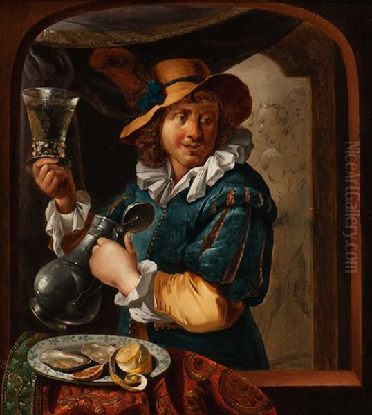 A) Wine Drinker By A Dish With Oysters Oil Painting by Francois Xavier Henri Verbeeck