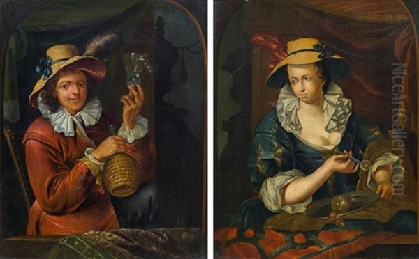 Herr Mit Weinglas Und Korbflasche Und Dame Eine Zitrone Schalend (pair) Oil Painting by Francois Xavier Henri Verbeeck