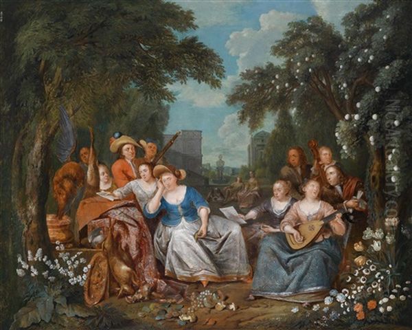 Elegante Gesellschaft Im Freien, Allegorische Darstellung Von Musik Und Jagd Oil Painting by Francois Xavier Henri Verbeeck