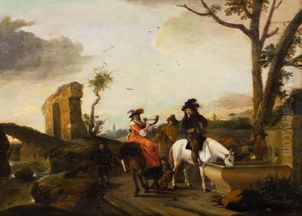 Eine Elegante Jagdgesellschaft Am Brunnen Oil Painting by Pieter Cornelius Verbeeck