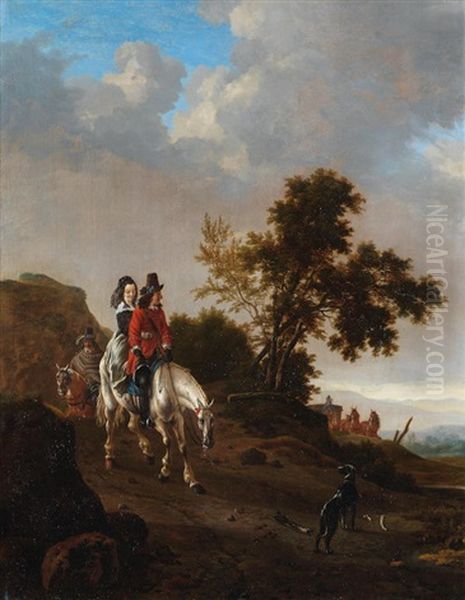 A Hilly Landscape With Travellers Riding On A Path Oil Painting by Pieter Cornelius Verbeeck