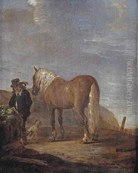 A Horseman With His Horse And A Dog In A Dune Landscape Oil Painting by Pieter Cornelius Verbeeck