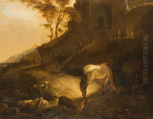 Pferd An Der Tranke Oil Painting by Pieter Cornelius Verbeeck