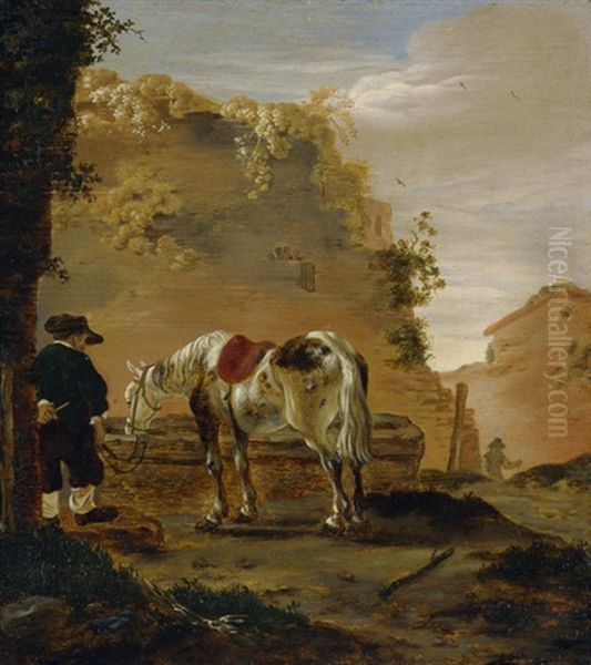 Reiter Mit Seinem Pferd An Der Tranke Oil Painting by Pieter Cornelius Verbeeck