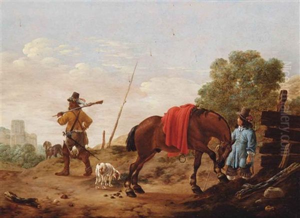 A Landscape With Huntsmen, A Horse And Dogs Near A Fence Oil Painting by Pieter Cornelius Verbeeck