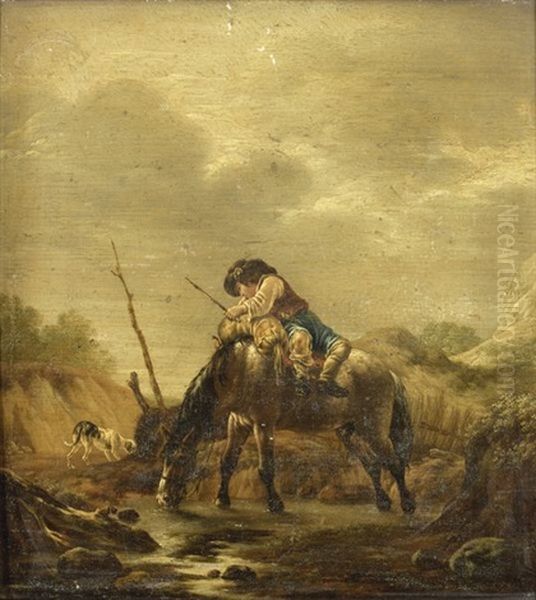 Paysage Avec Un Homme Pret A Monter Sur Un Cheval Oil Painting by Pieter Cornelius Verbeeck