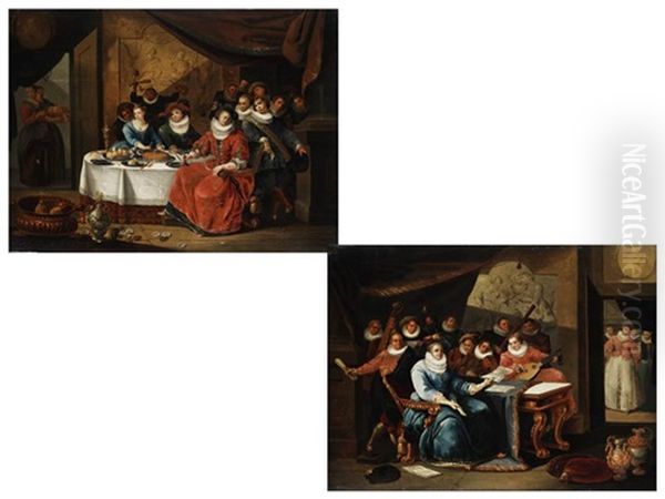 Muzierende Gesellschaft (+ Gesellschaft Am Speisetisch; Pair) Oil Painting by Pieter Cornelius Verbeeck