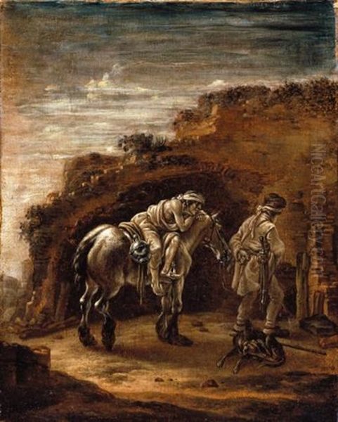 The Good Samaritan, Or A Traveller Resting On His Horse In A Landscape, En Grisaille Oil Painting by Pieter Cornelius Verbeeck