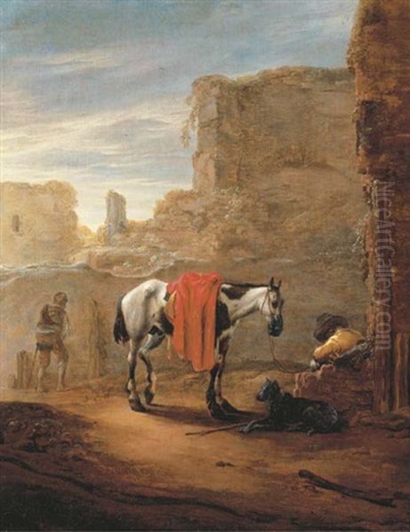 A Horse And Traveller Resting On A Road With Ruins Beyond Oil Painting by Pieter Cornelius Verbeeck