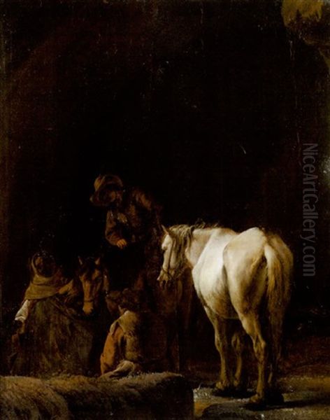 Figures And Horses Resting Inside A Cave Oil Painting by Pieter Cornelius Verbeeck