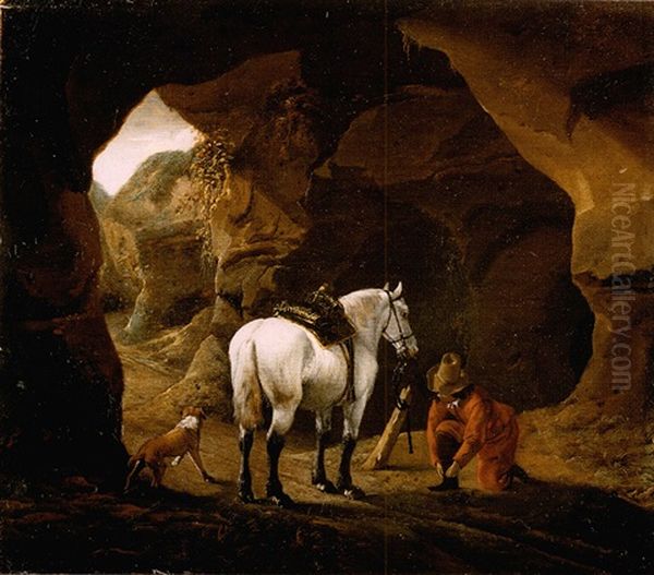 A Man Doing Up The Lace Of His Shoe, With A Grey Horse And A Dog At The Entrance To A Cave Oil Painting by Pieter Cornelius Verbeeck